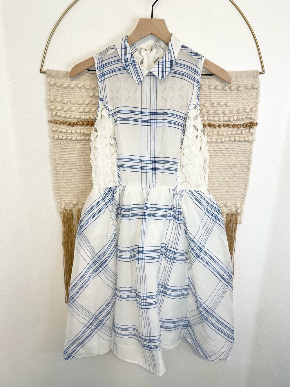 Anthropologie Moulinette Soeurs White and Blue Plaid Sleeveless Eyelet Dress 8